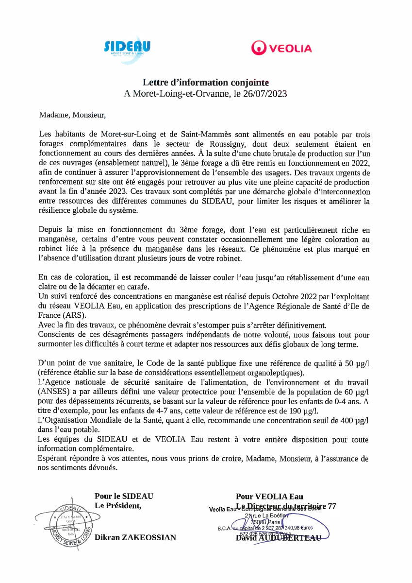 Lettre d'information conjointe sideau - veolia