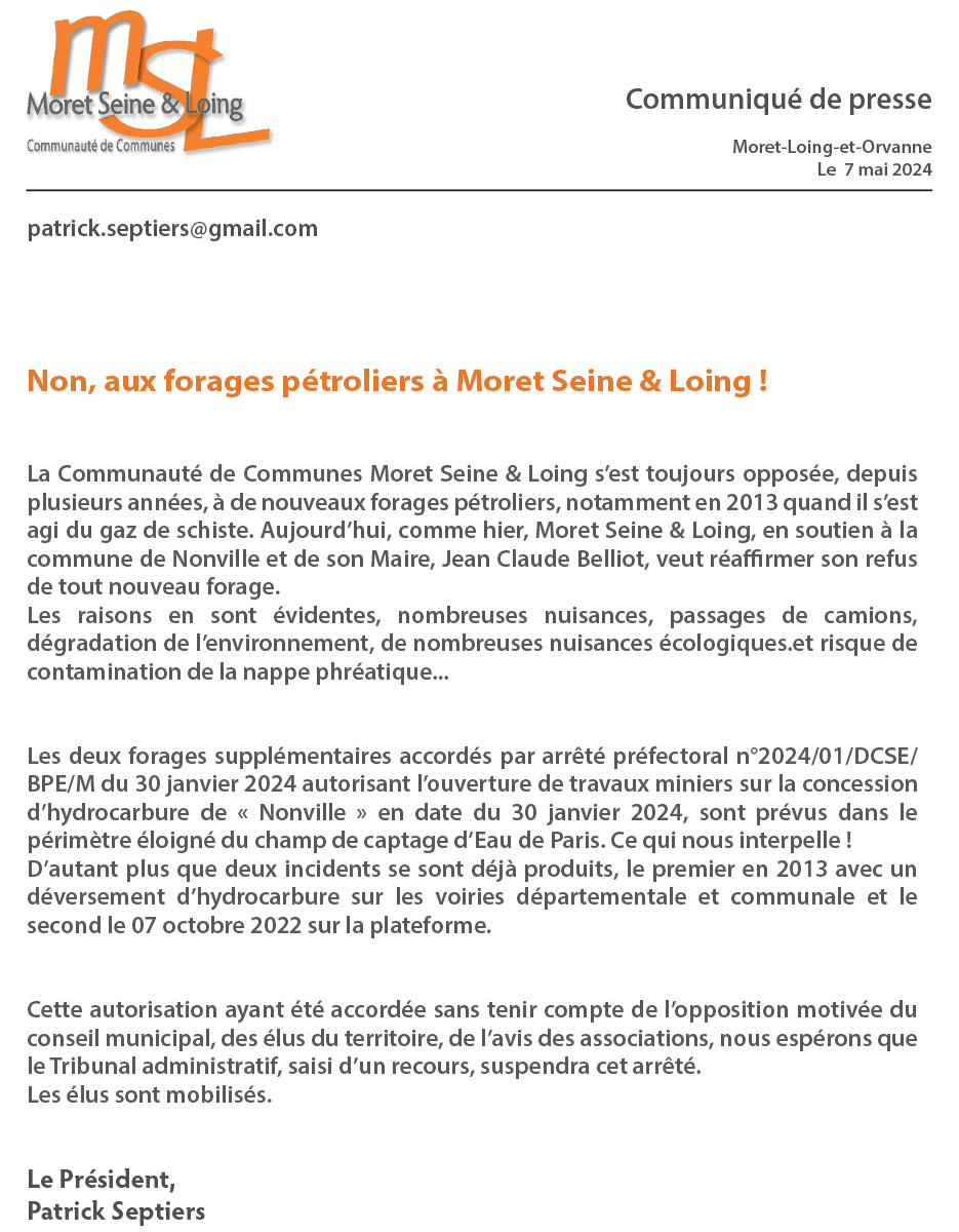 Non aux forages pétroliers à Moret Seine & Loing