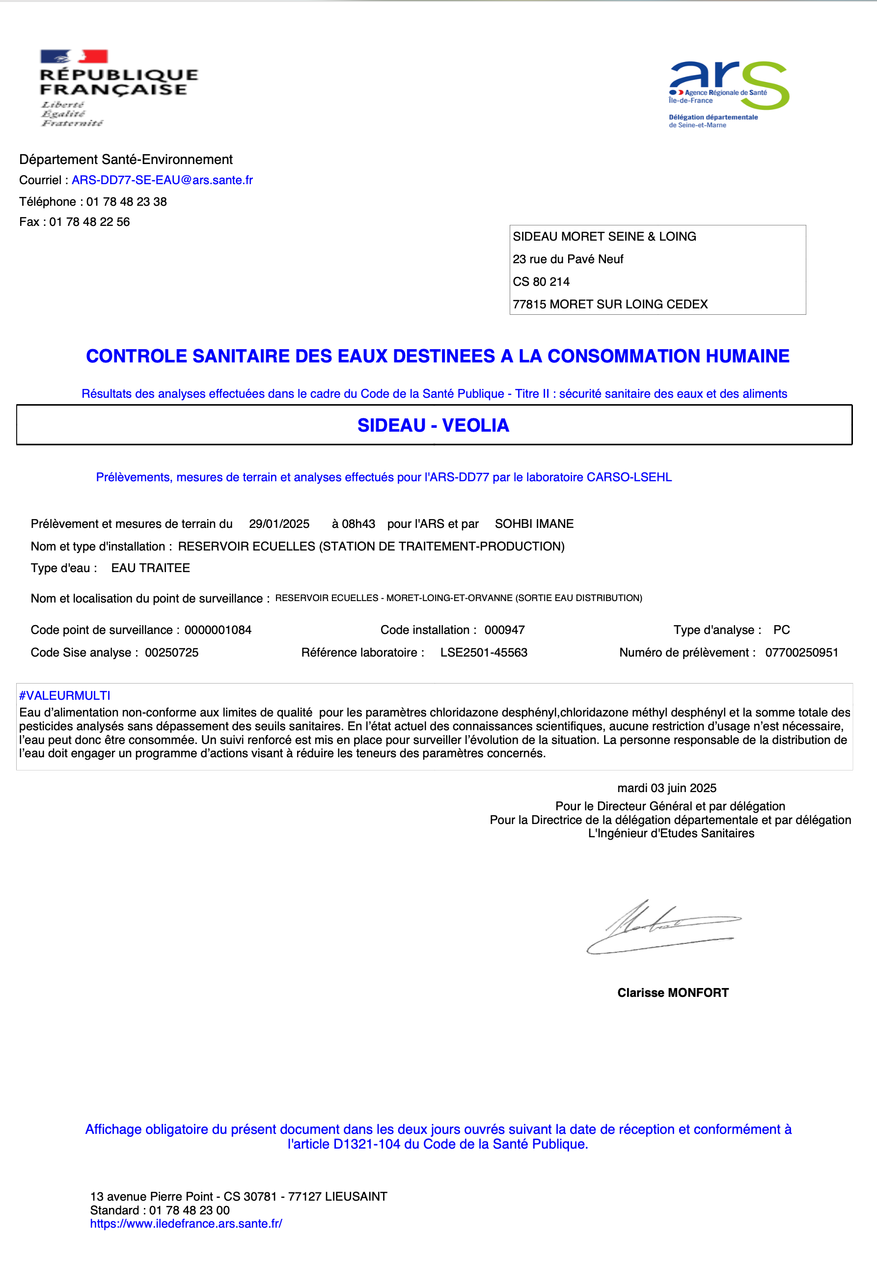 CONTROLE SANITAIRE DES EAUX DESTINEES A LA CONSOMMATION HUMAINE - Ecuelles