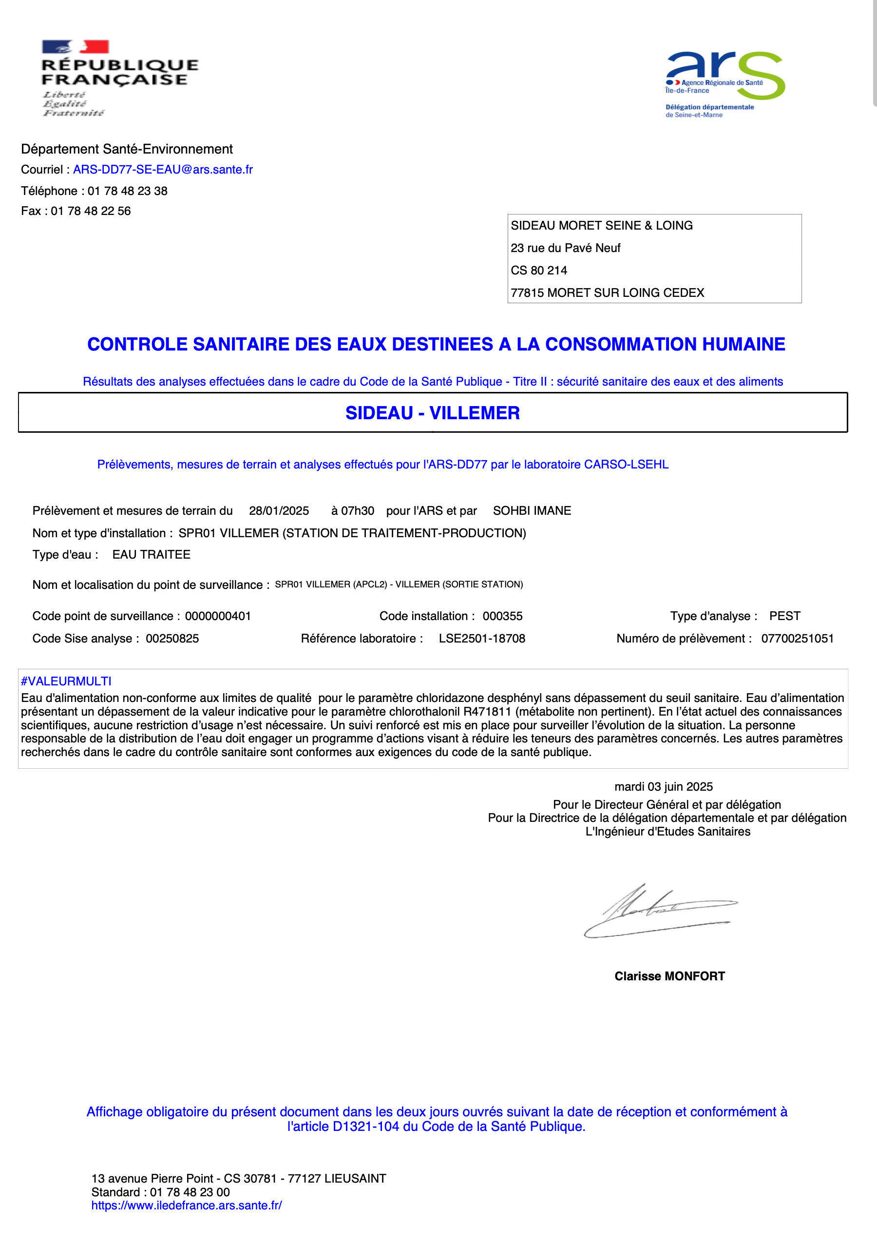 CONTROLE SANITAIRE DES EAUX DESTINEES A LA CONSOMMATION HUMAINE - Villemer