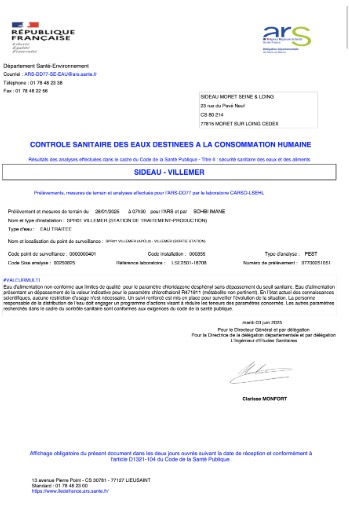 CONTROLE SANITAIRE DES EAUX DESTINEES A LA CONSOMMATION HUMAINE - Villemer