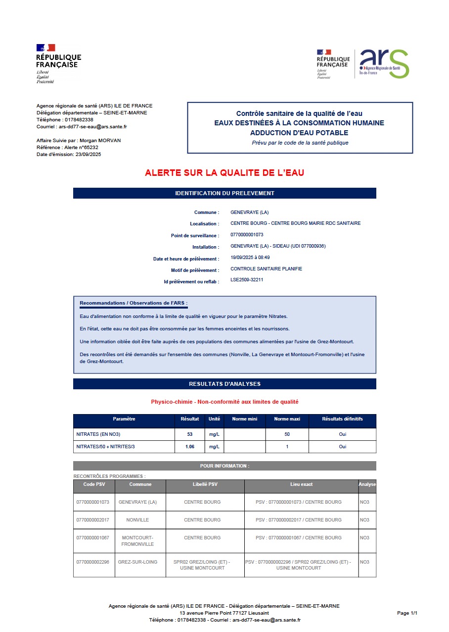 LA GENEVRAYE Centre Bourg (Mairie RDC sanitaire) – Prélèvement du 19/09/2025