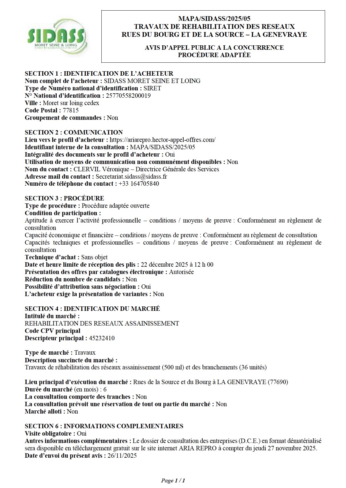 MAPA/SIDASS/2025/05 - Travaux de réhabilitation du réseau assainissement rues du Bourg et de la Source à La Genevraye