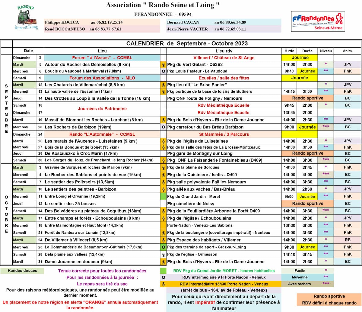 Calendrier des randonnées septembre-octobre 2023
